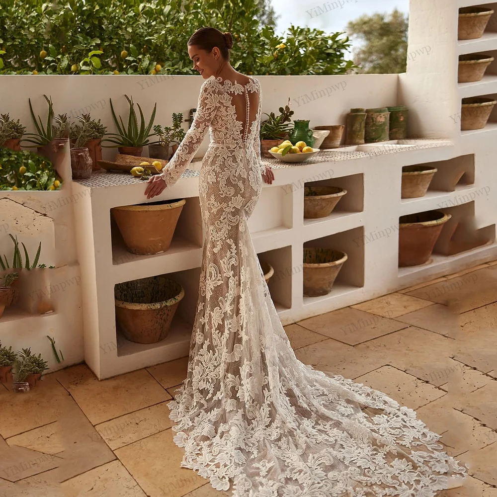 Vestido de novia de sirena brillante, cuello redondo, personalizado, Sexy, manga larga, Apliques de encaje, ilusión en la espalda, vestido de novia champán para novia