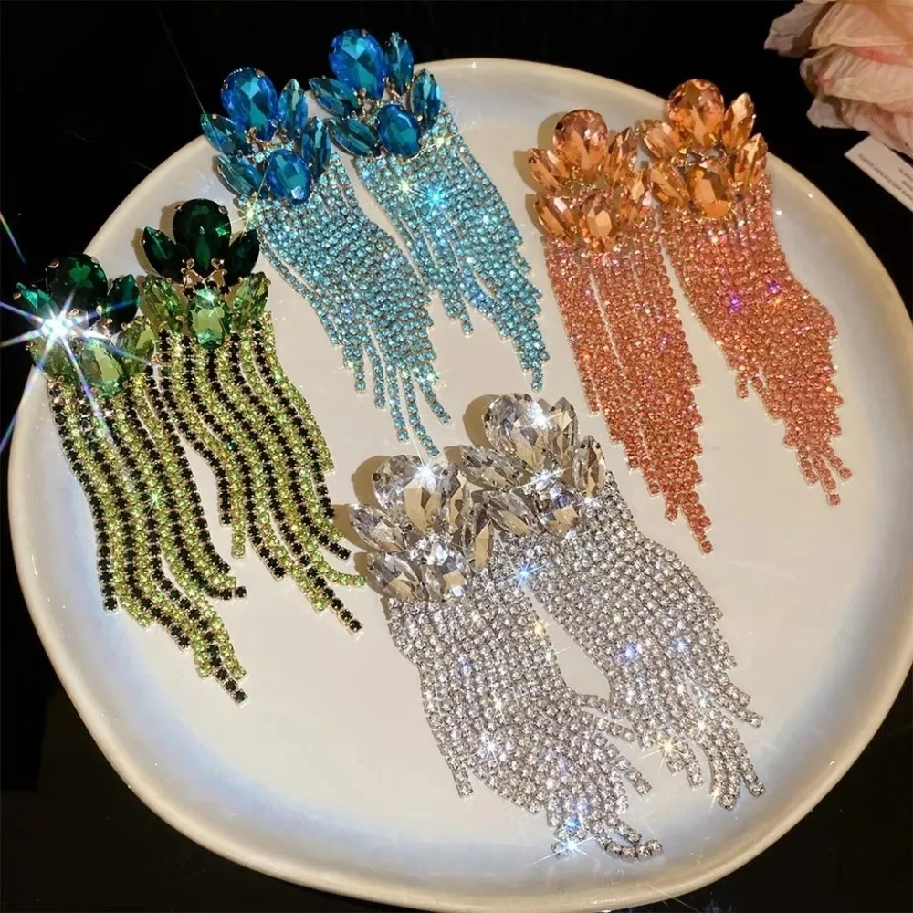 Exaggerated Rhinestone Tassel Earrings Oval Stone Long Length Cluster Stud Earrings Sparkly Colorful Statement Dangle Earrings