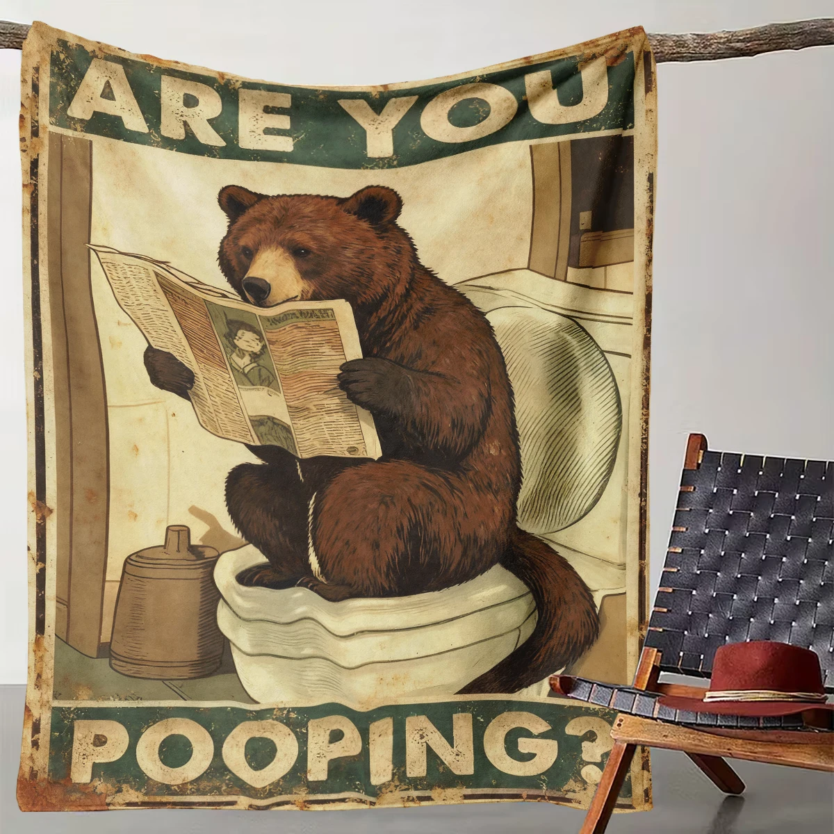 

1 Piece of Retro Humorous Brown Bear Toilet Newspaper Reading Art Blanket, Funny Living Room Decoration Blanket