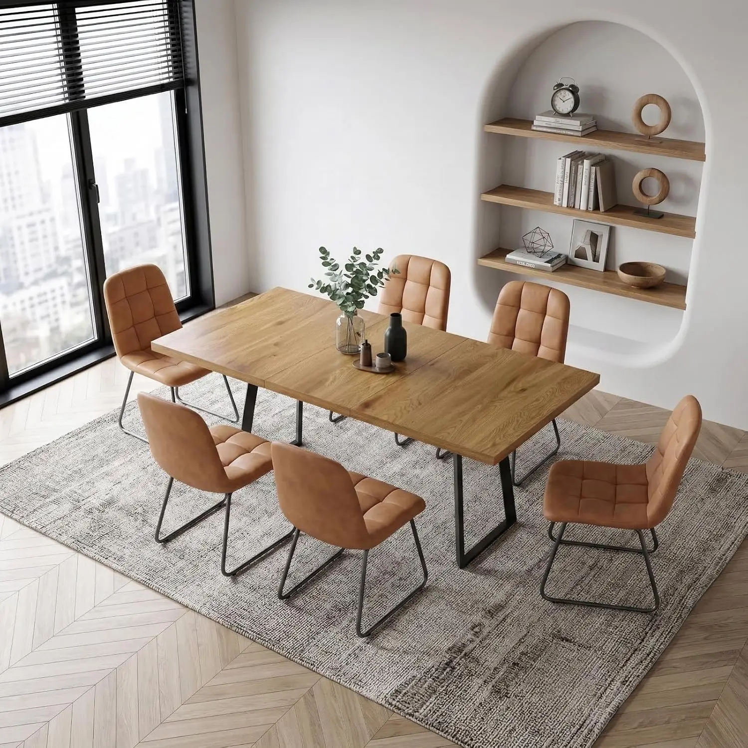 Expandable Dining Table Set 6 Leather Chairs Oak Finish Wooden Space-Saving 47