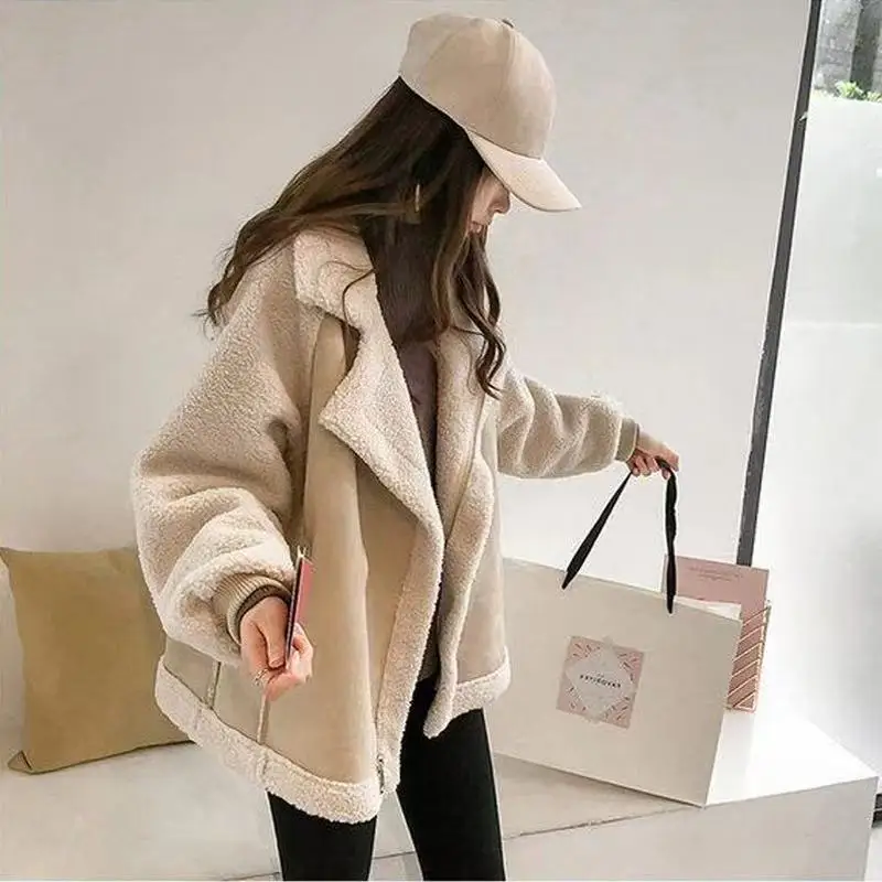

2025 New Thi Warm Lamb Fur Jaet Loose Versatile Deer Suede Upper Body Motorcycle Clothes Trending Commute Sle Long S...