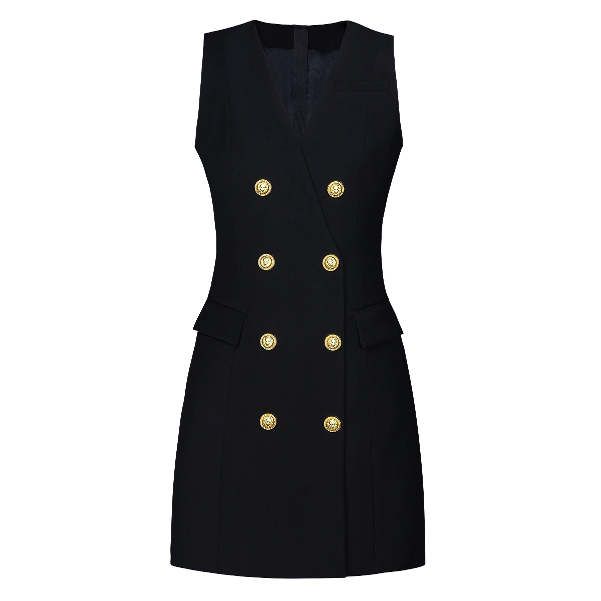 

S-XL Three Color High Quality Fashion New Solid Color Double Row Gold Button V-Neck Sleeveless Slim Fit Commuter Women's Dress