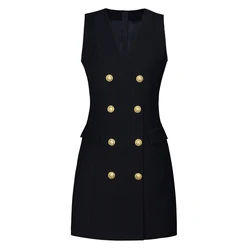 S-XL Three Color High Quality Fashion New Solid Color Double Row Gold Button V-Neck Sleeveless Slim Fit Commuter Women's Dress