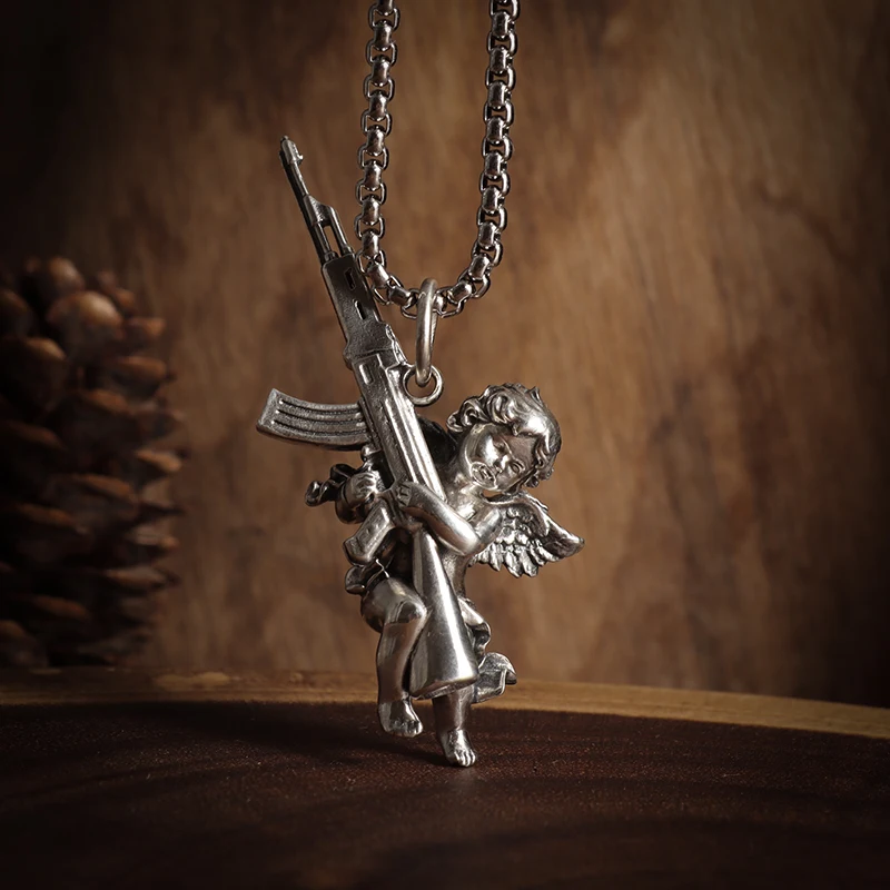 Avenging collar de acero inoxidable con colgante de ametralladora de Ángel, adecuado para hombres y mujeres, Hip-Hop, joyería Punk de moda, regalos para parejas