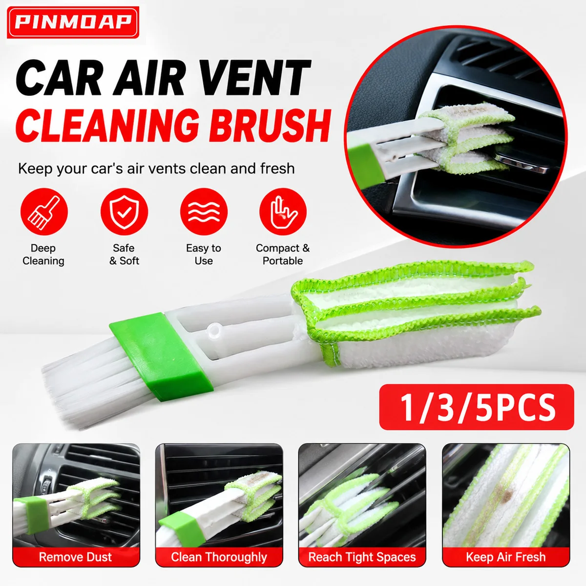 PINMOAP Car Air Conditioner Vent Cleaner Brush Microfiber Duster Auto Dashboard Interior Detail Cleaning Tool Dust Remover