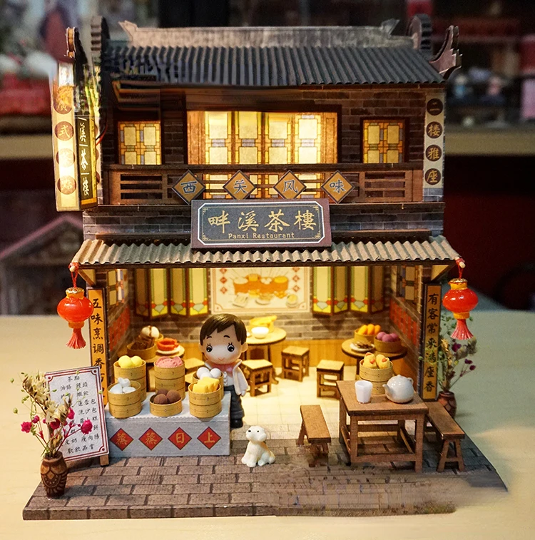 Antique Handmade House Model Jiangnan Lingnan Style Qianxi Tea House Decoration