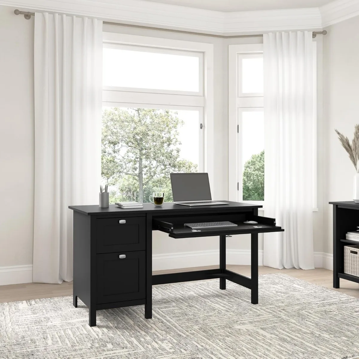 Bush Furniture Broadview 54W Computer Desk with Drawers in Classic Black| Table Workstation with Storage