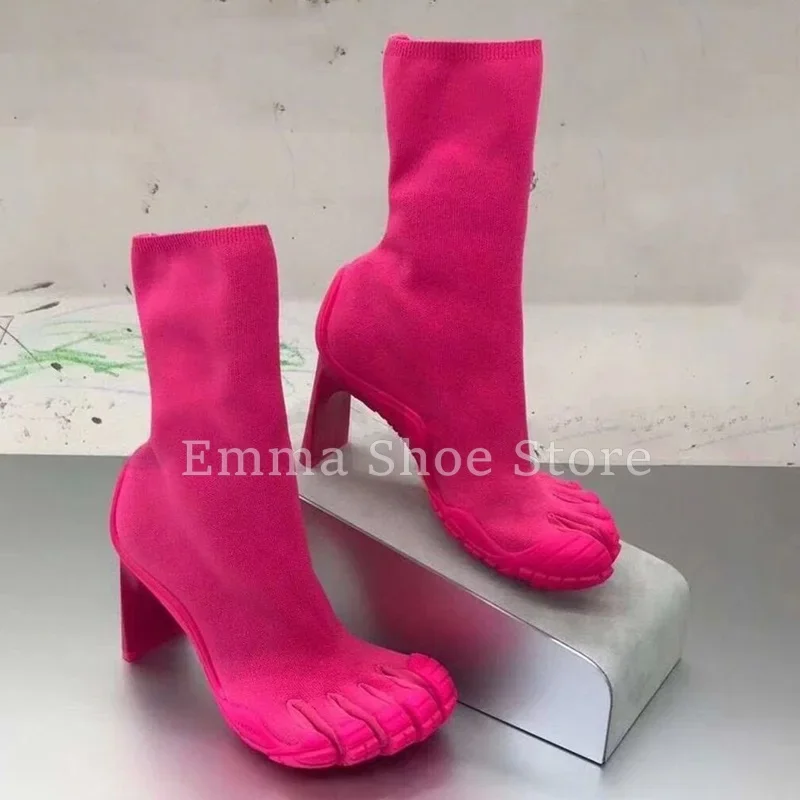 

Designer Stretch Five-Finger Women's Boots Casual High Heel Slip On Ankle Boots Platform Genuine Leather Lady Modern Boots