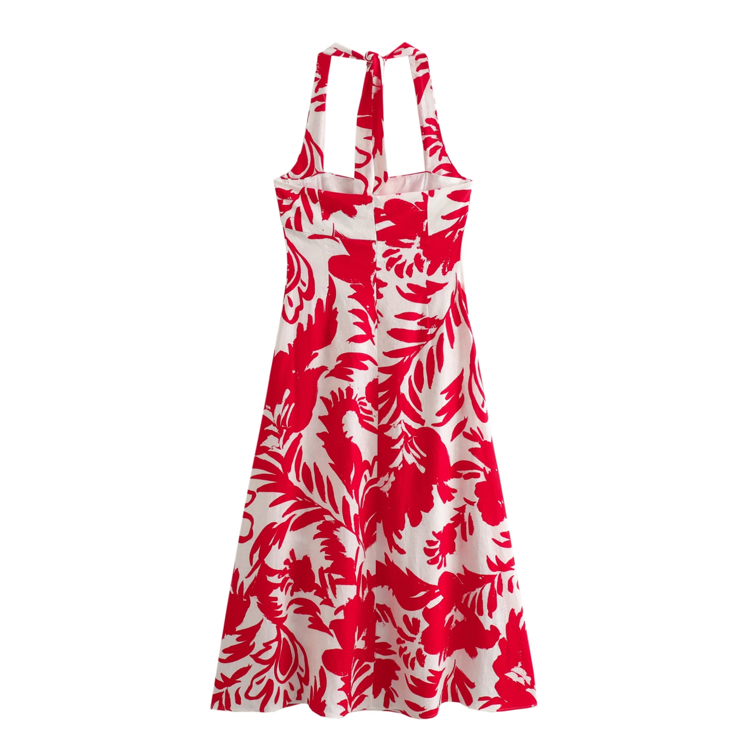 TRAF-vestido largo ajustado con espalda descubierta para mujer, traje elegante con cremallera en la espalda, estampado rojo, decoración de empalme, cuello Halter, 2024