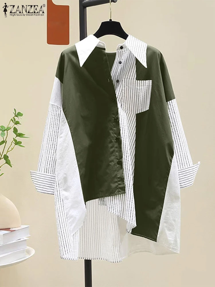 2024 ZANZEA Korean Fashion Women Laple Neck Long Sleeve Blouse Stylish Patchwork Shirt Autumn Striped Tops Loose Blusas Chemise