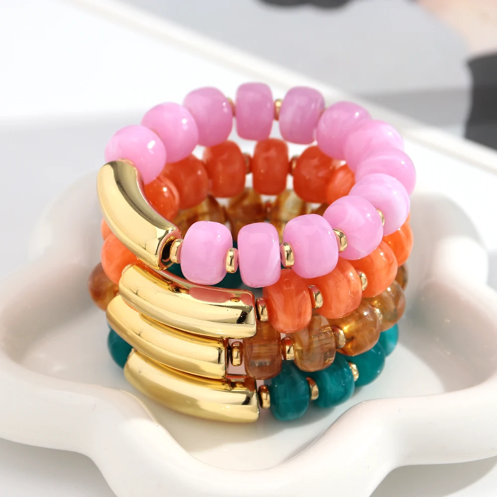 Bohemian Colorful Marbled Acrylic Bead & Golden Tube Bracelet Trend Chunky Statement Bangle Jewelry