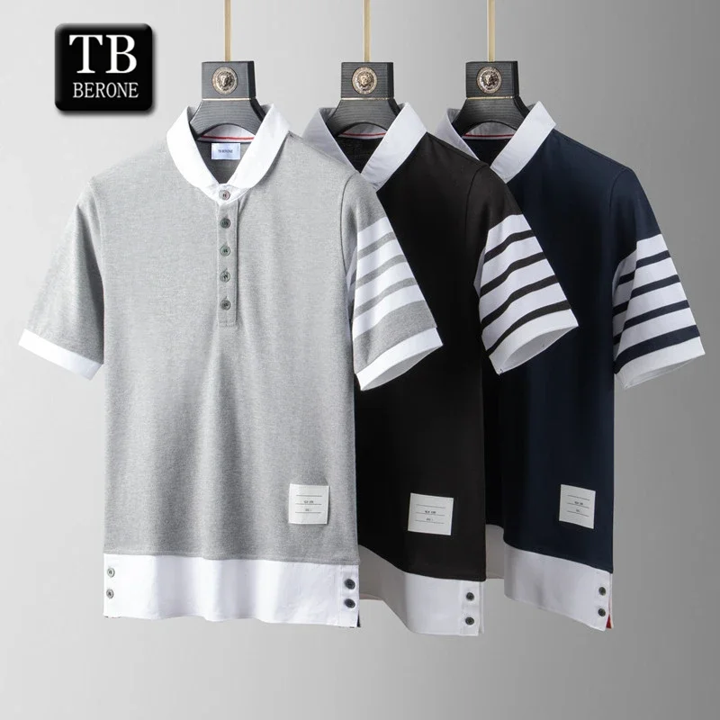 

TB BERONE Tide Brand Half-sleeve Four-bar Men's Striped Cotton Summer Polo Lapel Short-sleeved T-shirt Casual Trend Couple Wear