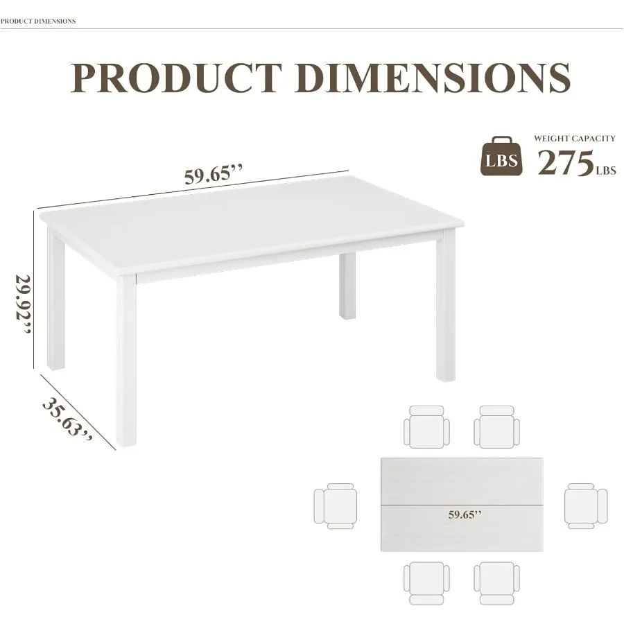 Wooden Dining Table for 6 Rectangle 60 Inch Kitchen Table with Wood Legs Farmhouse Dinner Table for Dining Room White