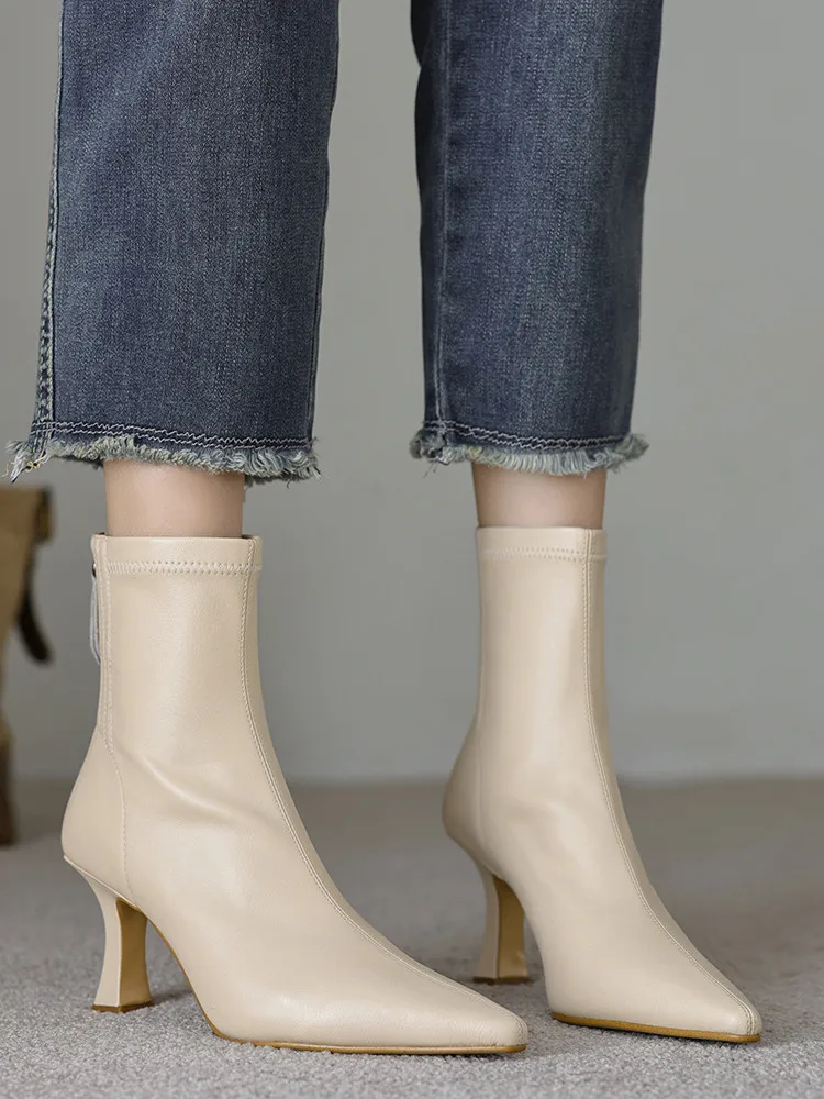 

2026 Fashion Women Ankle Boots Autumn Stretch Shoes Microfiber Winter High Heel Pointed Toe Dress Lady Short Boots 34-40