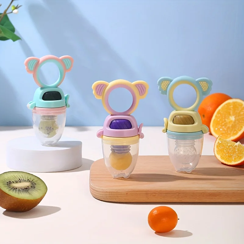 Rotating Push-on Type Baby Fruit Feeder, Fresh Food Feeder with Silicone Pouch