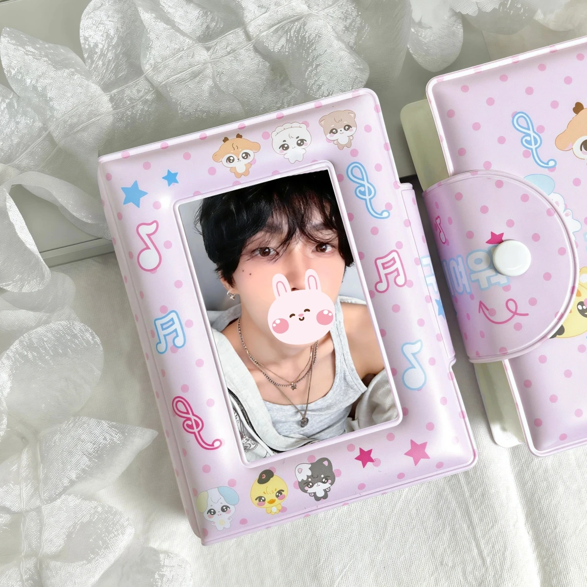 1Pc Cute Pink Animal Photo Album, Polka Dot Music Note Card Holder, 3inch Cute Cartoon Animal Card Protectors, Composed of Star, Music Note, and Polka Dot Patterns, Idolme, K-Pop Album Card Display, Idol Concert Suppor