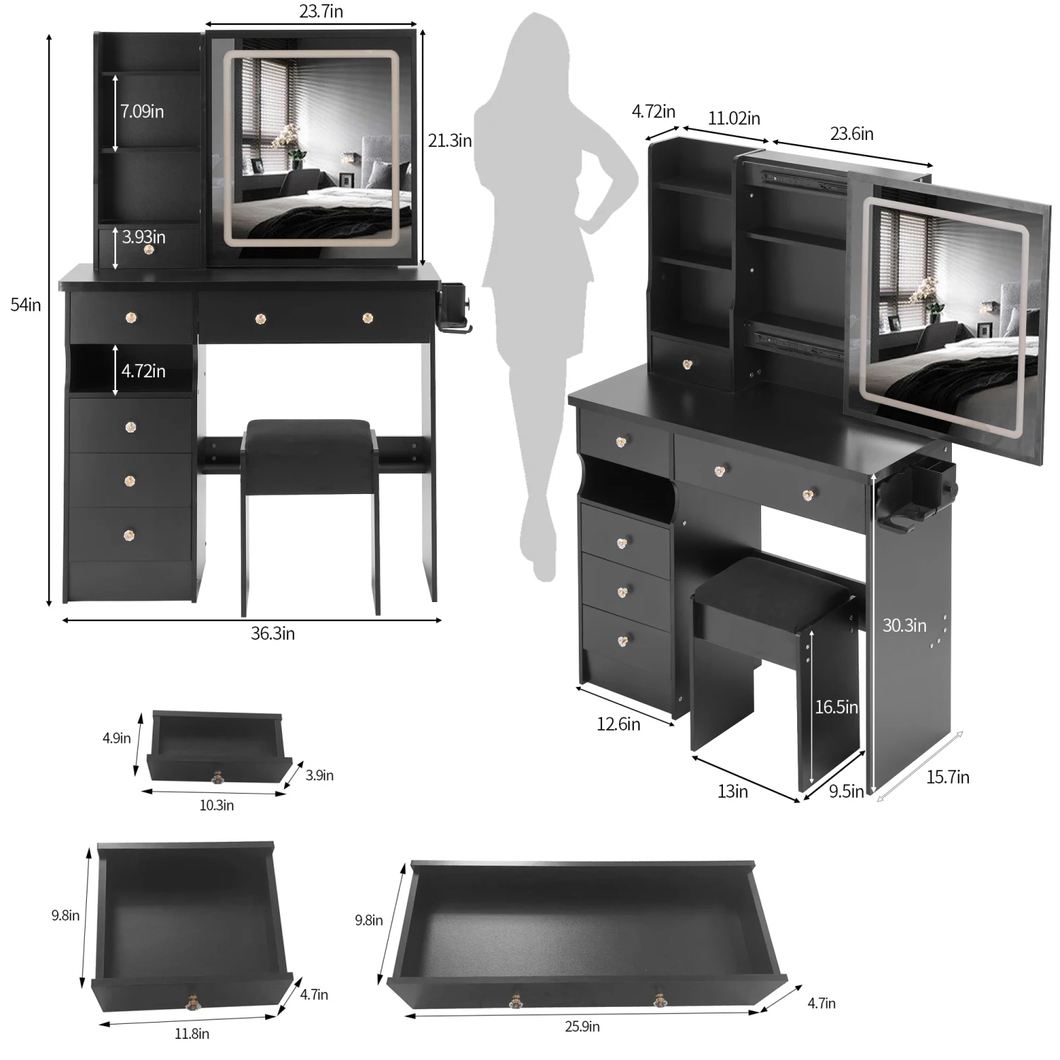 37-Zoll-Waschtischkommode-Set mit linker Schublade, gepolstertem Hocker, Haartrocknerständer, LED-Schiebespiegel, 3-Farben-Schalter, EPA, GCC, UL Cer