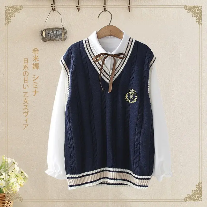 2022 College Style New Girls JK Autumn Winter Sweater Vest and shirt Female Student Korean Loose Embroidered Sweater Jk Uniform