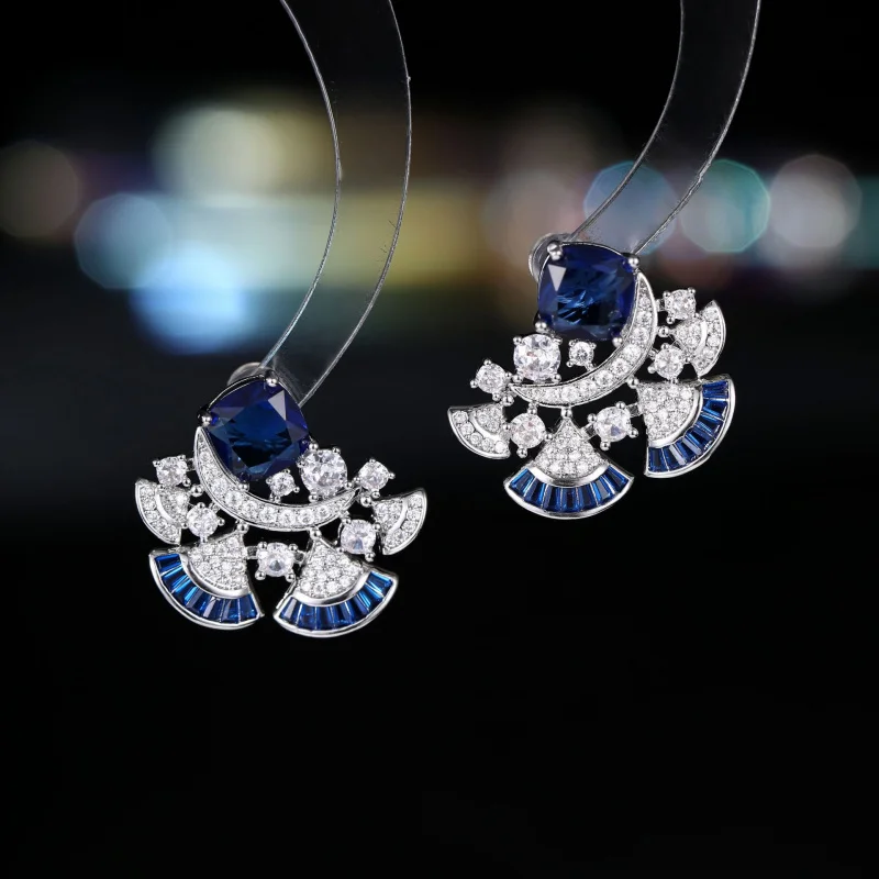 Luxury Zircon High-end Fan-shaped Ruffled S925 Silver Needle Fashion Colorful Gemstone Vintage Stud Earrings for Women