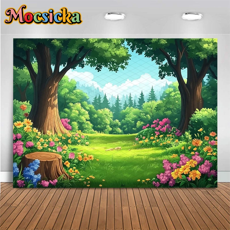 Mocsicka Spring Photography Background Baby Shower Birthday Party Backdrop Forest Flowers Green Grassland Pattern Studio Banner