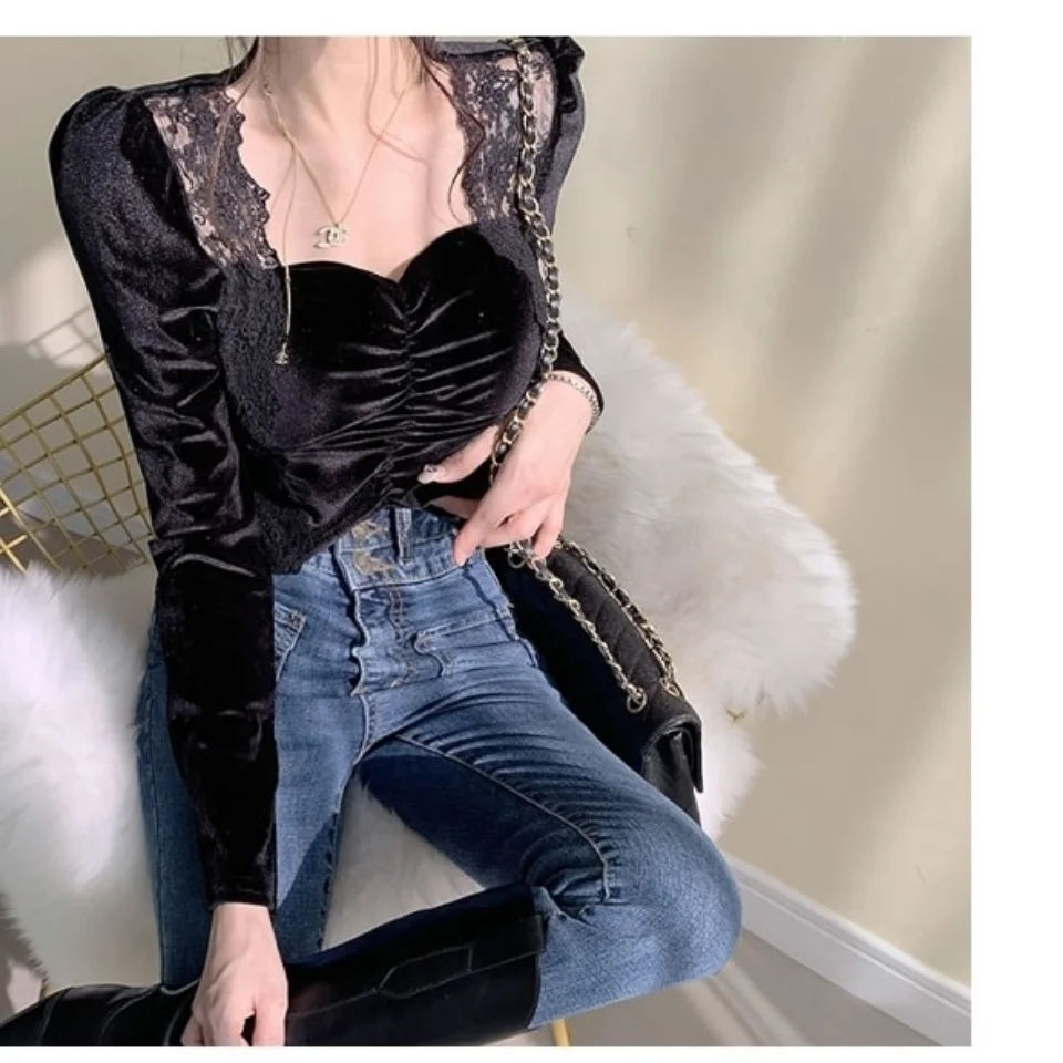 2023 Sexy Square Neck Lace Velvet Top Women\'s Long Blusas Clothes for Women Tops Shirts Blouses