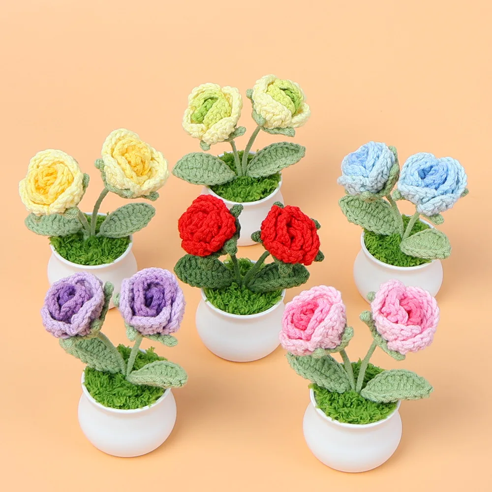 Handmade Finished Crochet Rose Flower Potted Home Decoration For Women Kids Children Gift Best Friend Girls Wholesales