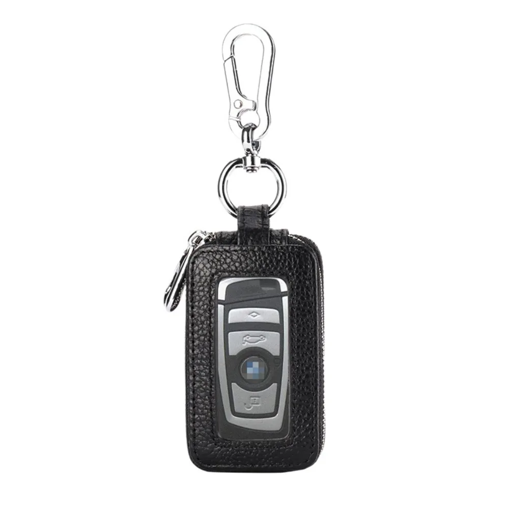 Double Zipper Leather Key Case, Dual Layer Car Key Holder with Transparent Window, Metal Carabiner, for Auto Remote & House Keys