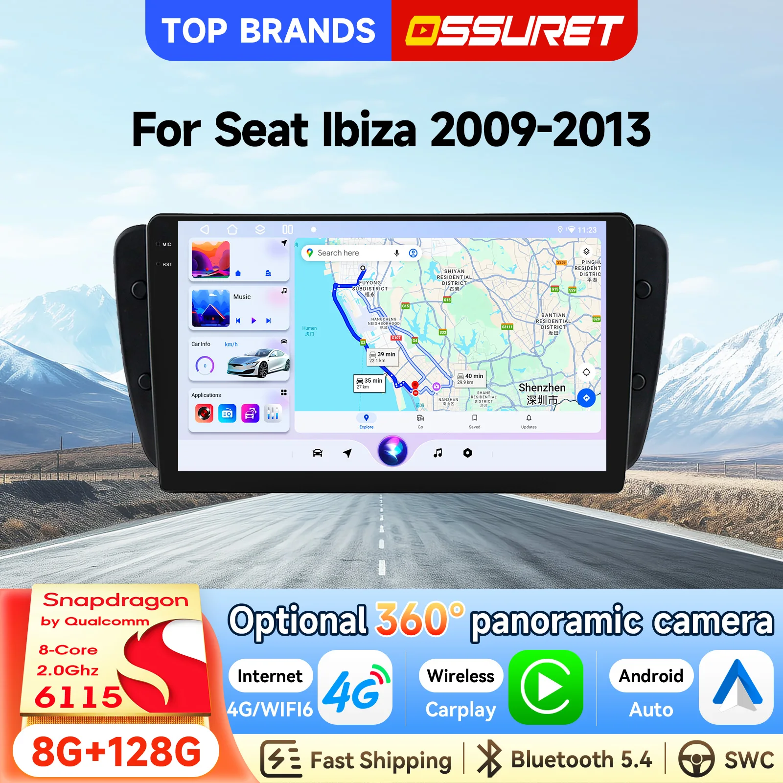 OSSURET GPS-Navigation 2 Din 9'' GPS-Navigation Android 15 Autoradio für Seat Ibiza 2009-2013 Autoradio-Haupteinheit CarPlay Android Auto Intelligenter Bildschirm AI SWC FM RDS DSP Audio Radio 4G Wifi