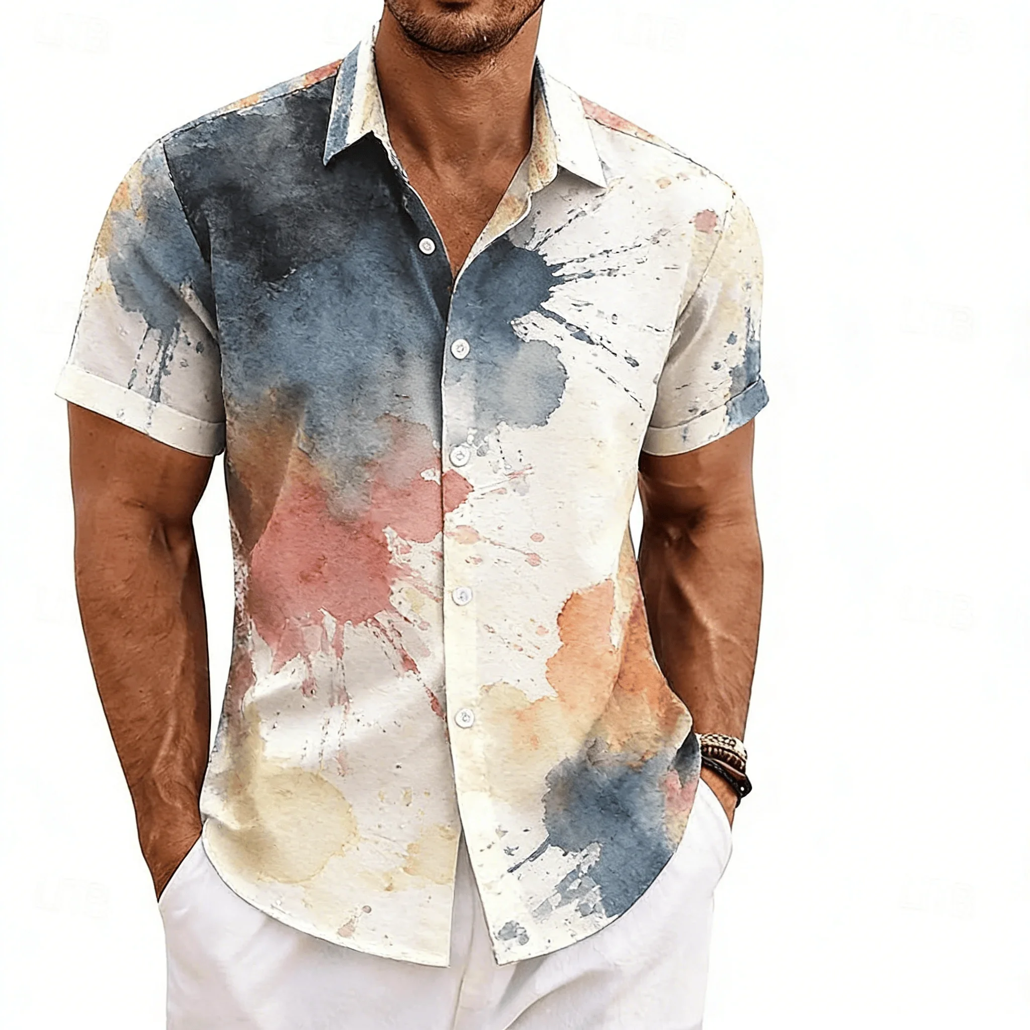 Mens Polyester Lapel Short Sleeve Shirt 3D Print Watercolor Splash Ink Blot Abstract Art Casual Beach Summer Button Shirt