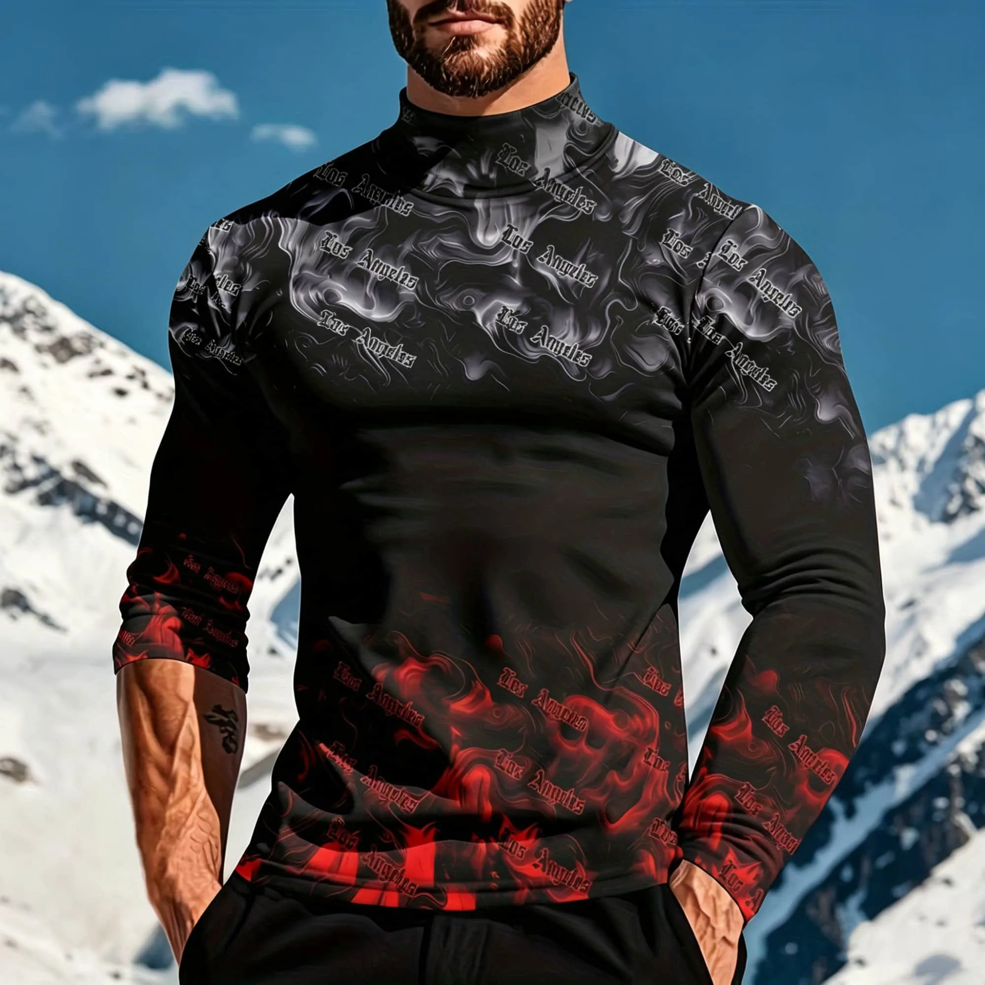 Edgy Gothic Script & Smoke Gradient Print Men Mock Turtleneck Long‑Sleeve Shirt Black‑Red Tone Slim Fit Urban Street Daily Wear