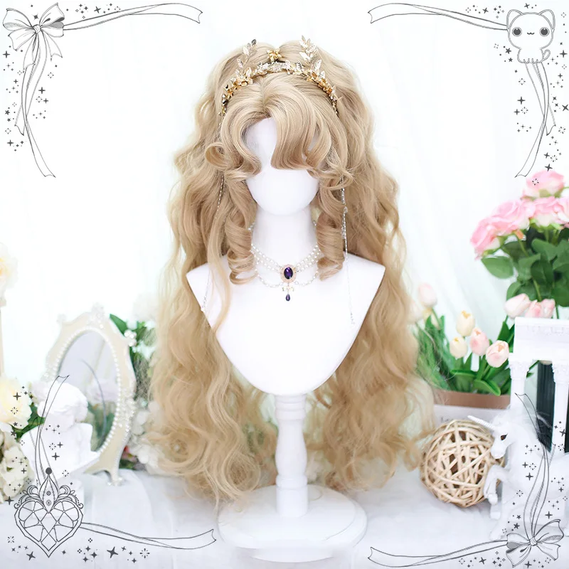 Peruca feminina completa chapelaria natural doce lolita pintura a óleo vento franja duplo rabo de cavalo curto onda em pó ouro lolita peruca