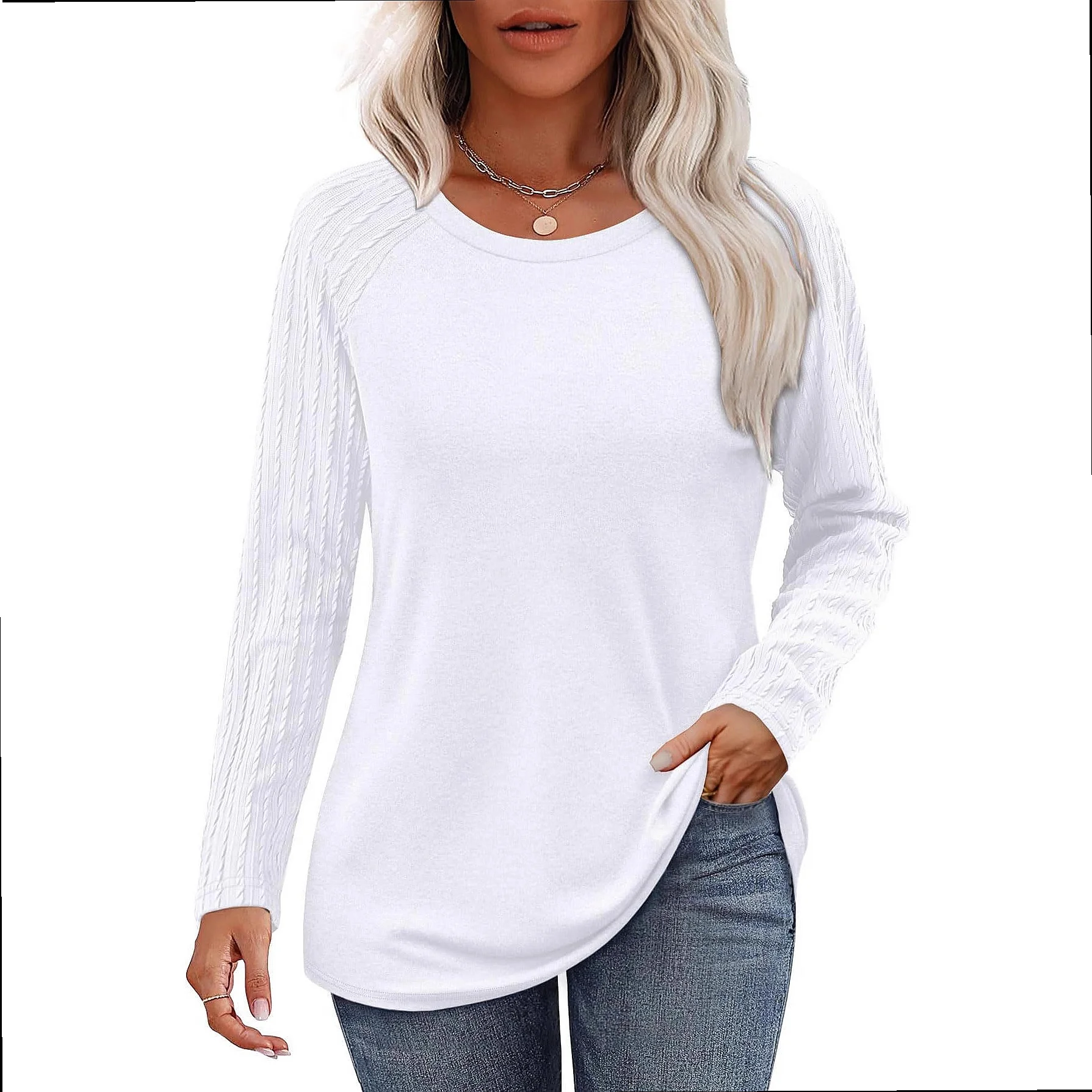 Cozy Knit Top Long Sleeve Tops Spring Summer Women Casual Crew Neck Blouse Tee Fashion Cable Knit Sweater Tunic
