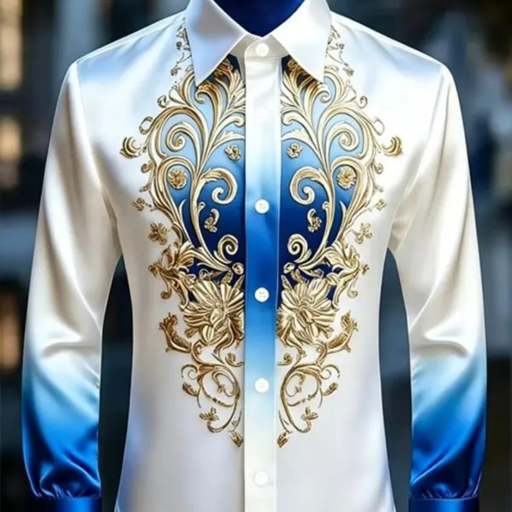 Men's Gradient Satin Long Sleeved Shirt with Gold Baroque Style Floral Print Lapel and Slim Fit Wedding Dress Shirt
