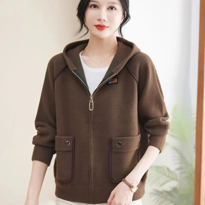 

Middle aged Mother's Autumn Winter woolen Coat 2025 New Casual Plus Size Hooded Double-sided Woolen Cardigan Female Top