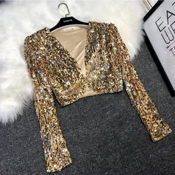 Chaqueta con parche de lentejuelas para mujer, dorado y plateado brillante Top corto, manga larga, fiesta de baile coreana, punto abierto Delgado, Primavera