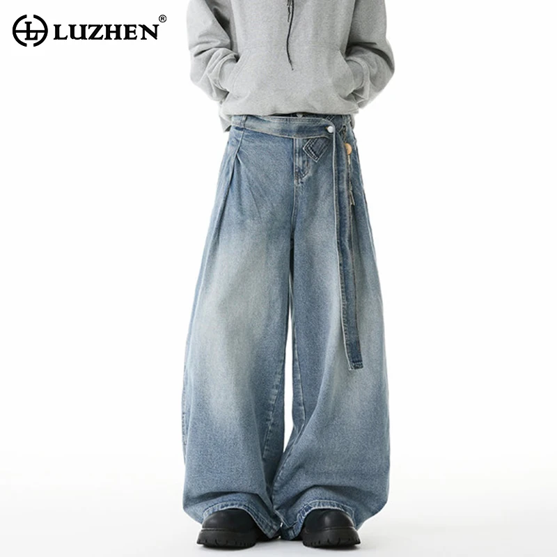 

LUZHEN винтажный стиль с градиентным потертым поясом, украшенные прямыми джинсами, мужская мода, новинка 2025, высококачественные широкие джинсовые брюки JY4435