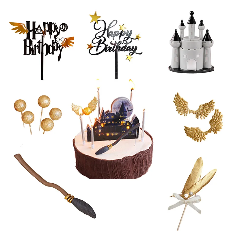 Magic Theme Cartoon Happy Birthday Acrylic Cake Topper Kids Birthday Party Magic Castle Cake Decorations Wing Insert Baby Shower