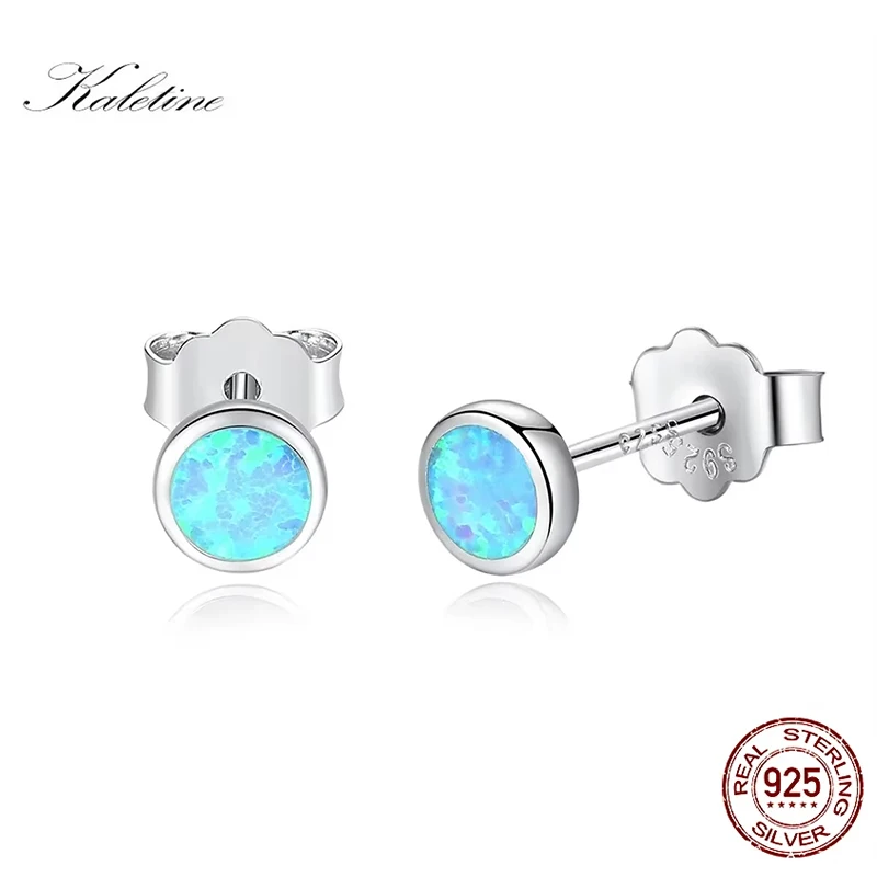 KALETINE Blue Opal 925 Sterling Silver Stud Earrings For Women Gift Back for Tiny Earrings Fashion Jewelry 4mm/5mm/6mm/7mm/8mm