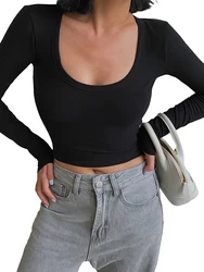 Damska wiosna jesień Crop top Slim Solid Color z długim rękawem głęboki dekolt podstawowy T-shirt damski Casual Slim dopasowane t-shirty