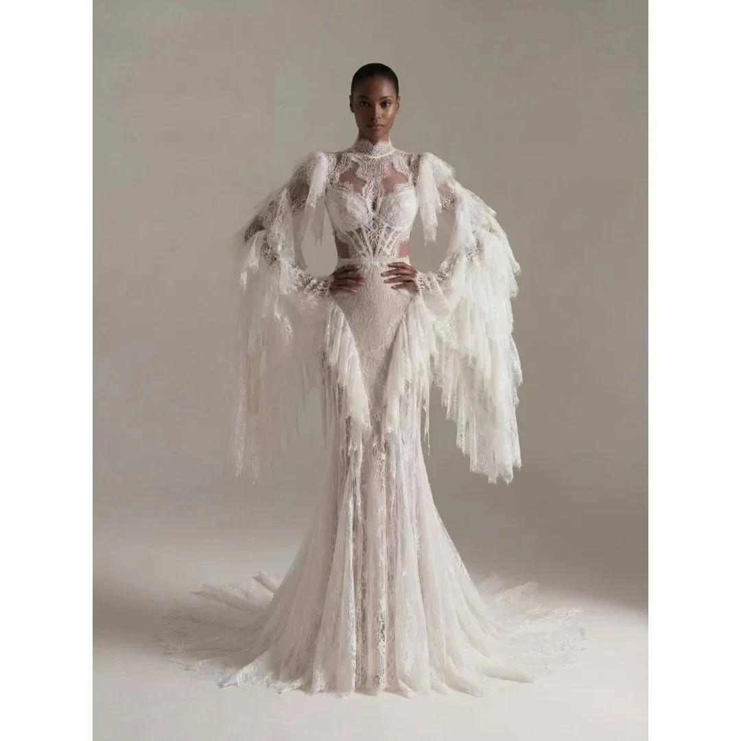 Customized Elegant High Neck Illusion Neckline Wedding Dress Long Sleeve Tulle Ruffle Sleeves Backless Sexy Exquisite Bride Gown