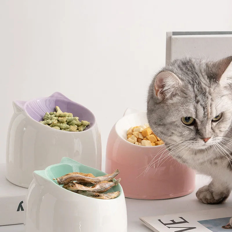 Cat Dog Bowl Ceramic Pet Dish Kitty Ear Shape Cat Food Bowl Anti-Fall Flip Bowl Non-slip Multiple Colors Pet Feed Supplies