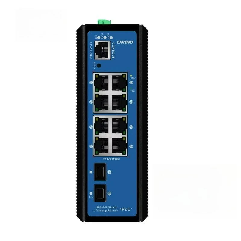 Industrial 10 Port Managed PoE Fiber Switch Gigabit Web Management Switch with 1000M Adaptive 2 SFP Slot Din Rail Network Switch