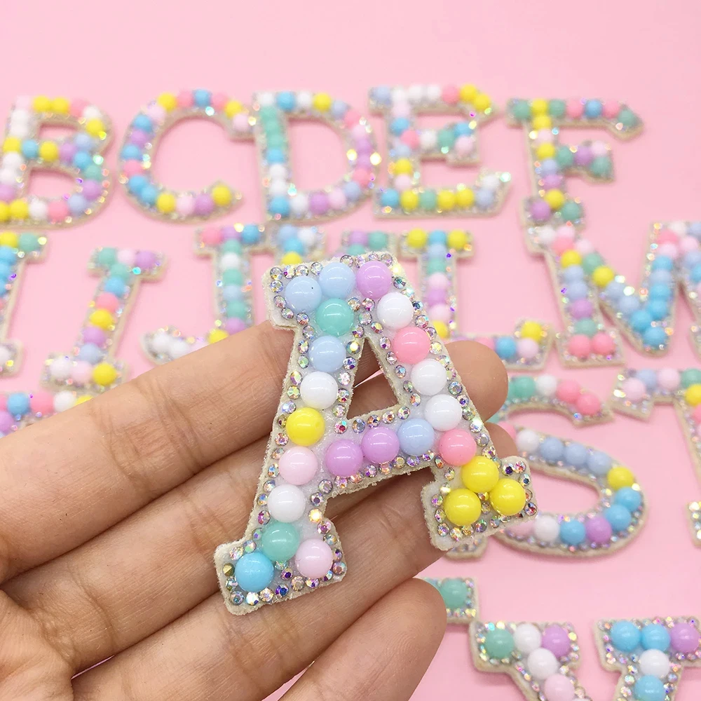 26pcs 1set A-Z Alphabet Pearl Letter Patches Iron-on Rhinestone Diamond Garment Hats Bags Applique DIY Macaroon Accessories