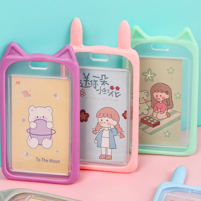Candy Color Cat Rabbit Ear Silicone Card Holder Simple And Portable Student Meal Card Lanyard Protector ID Card Sleeve