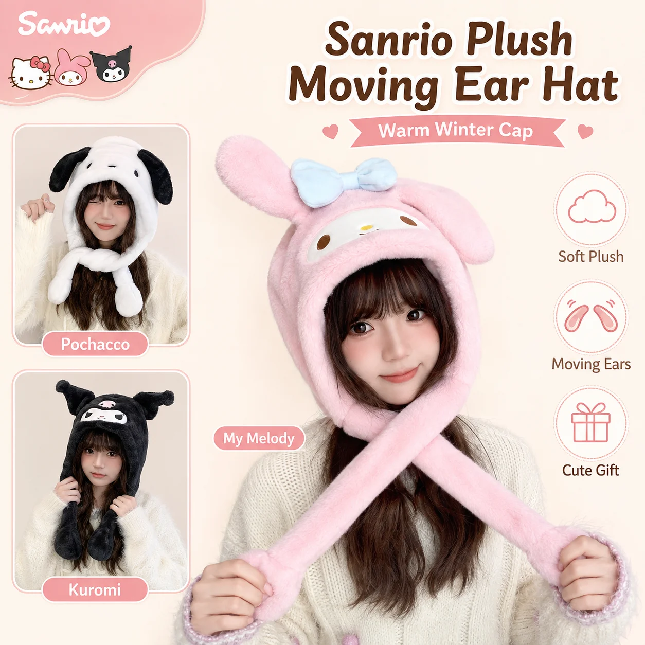 Sanrio My Melody Herbst-Winter-Warm-Plüschmütze, lustige, bewegliche Ohren, für den täglichen Gebrauch, Plüsch-Ohrenklappenmütze, Mädchen, Halloween-Weihnachtsgeschenk