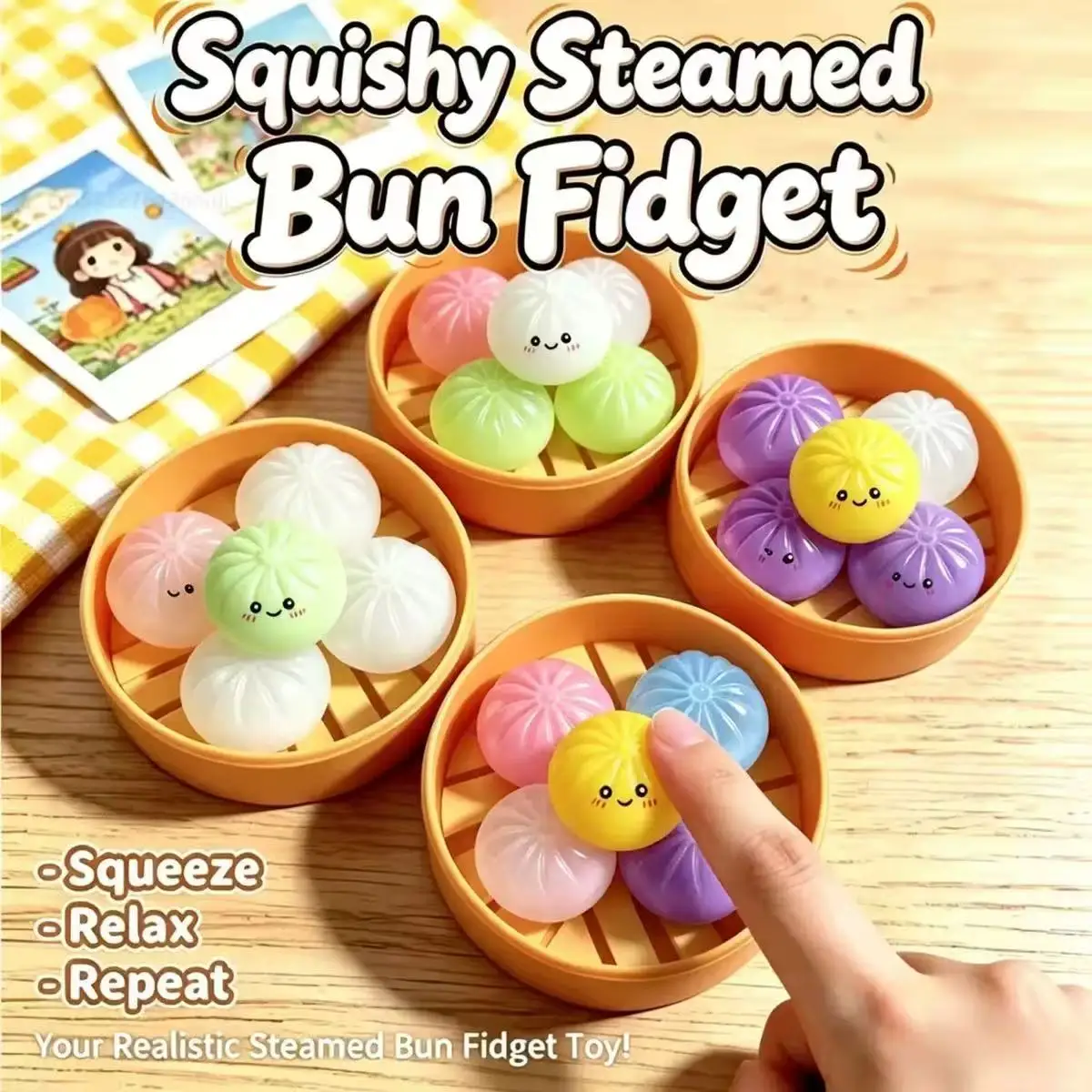 Toys Set Soft Stress Relief Crystal Squishy Fidget Sensory Toy Party Favors Gift 5Pcs Mini Dumplings with Steamer Bun Squeezable