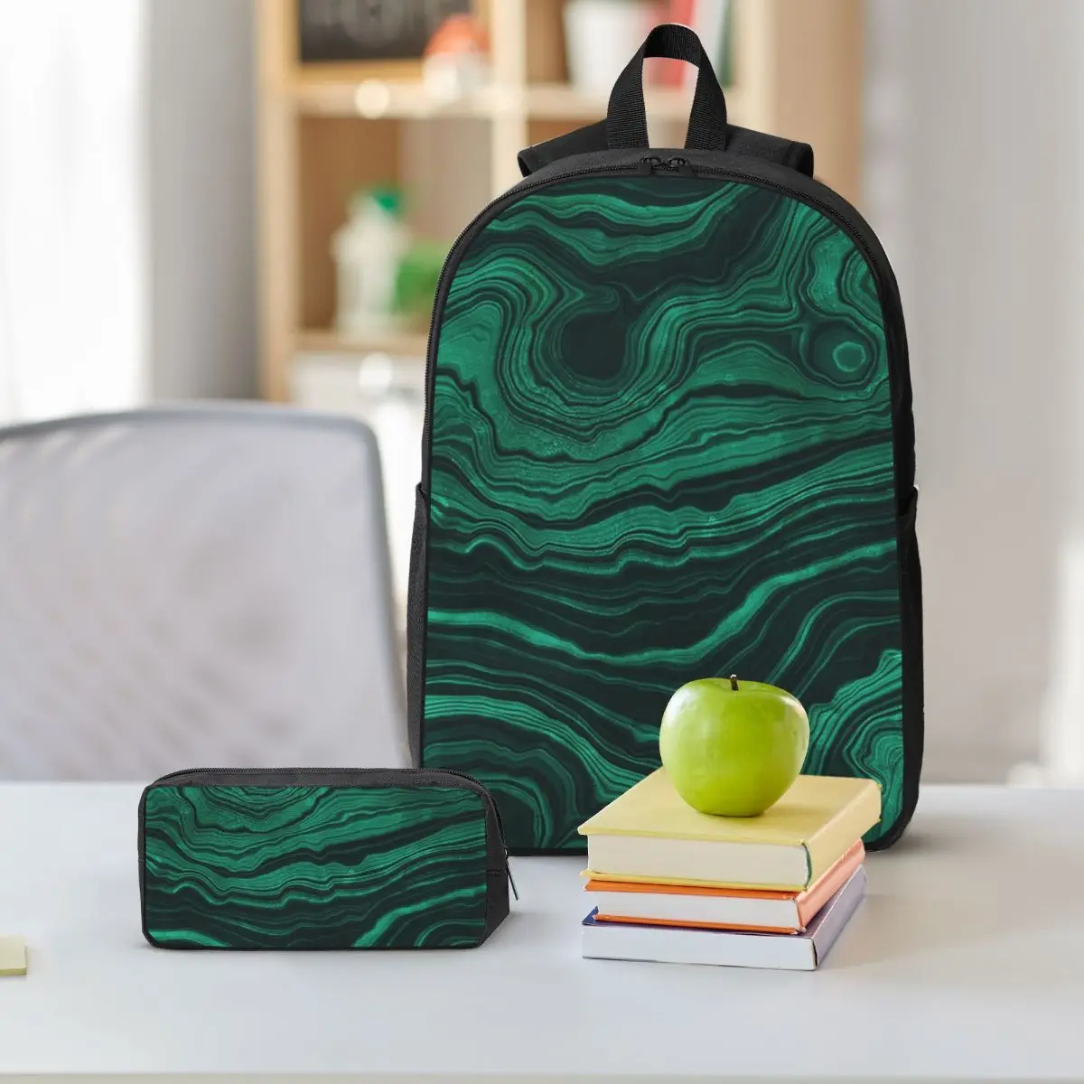 Faux Malachite Green Marble With Light Veins Backpack BookBag School Bag Shoulder Bags 3ps Insulated Lunch Bag Pencil Case