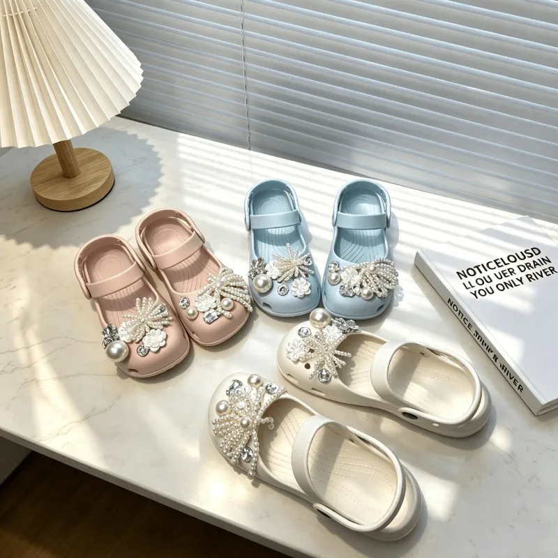 Girls Princess Sandals Sweet Beading Kids Beach Shoes Soft Bottom 2026 Summer New Children Casual Shoes Non-slip Trendy