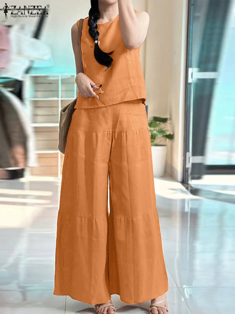 

Fashion Summer Pant Sets 2025 ZANZEA Women Elegant Solid Color Two-piece Outfits 2pcs Casual Sleeveless Tank Tops and Long Pants