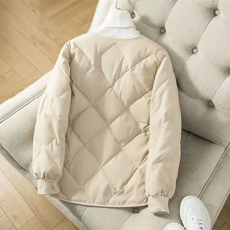 2024 Down Cotton-Padded Jacket Women's Diamond Check Round Neck Loose Fashion Cotton Coat Autumn Winter Puffer Coats Female